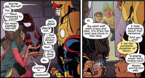 Miles Morales Spiderman and Kamala Khan Ms. Marvel explain to the original Nova how Carol Danvers is the current Captain Marvel, Peter Parker is still alive even though Morales is Spiderman, and that Cyclops is dead but his alternate timeline self is here. 