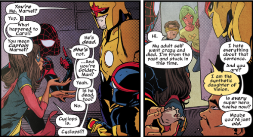 Miles Morales Spiderman and Kamala Khan Ms. Marvel explain to the original Nova how Carol Danvers is the current Captain Marvel, Peter Parker is still alive even though Morales is Spiderman, and that Cyclops is dead but his alternate timeline self is here.